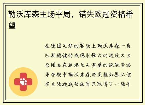 勒沃库森主场平局，错失欧冠资格希望